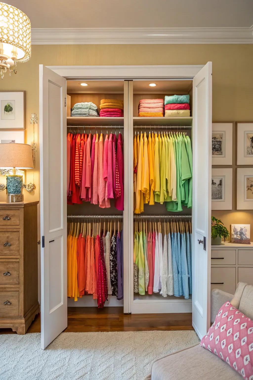 Color-coded organization adds visual appeal and efficiency to a double closet.