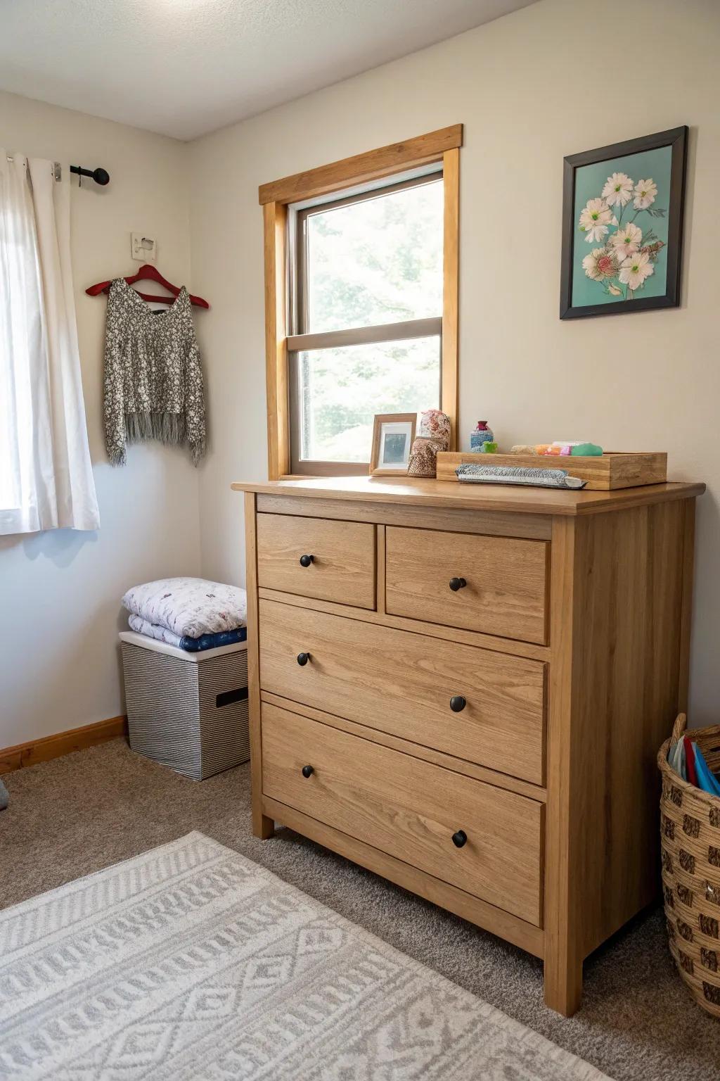 A natural wood tone dresser enhancing warmth and elegance in a small bedroom.