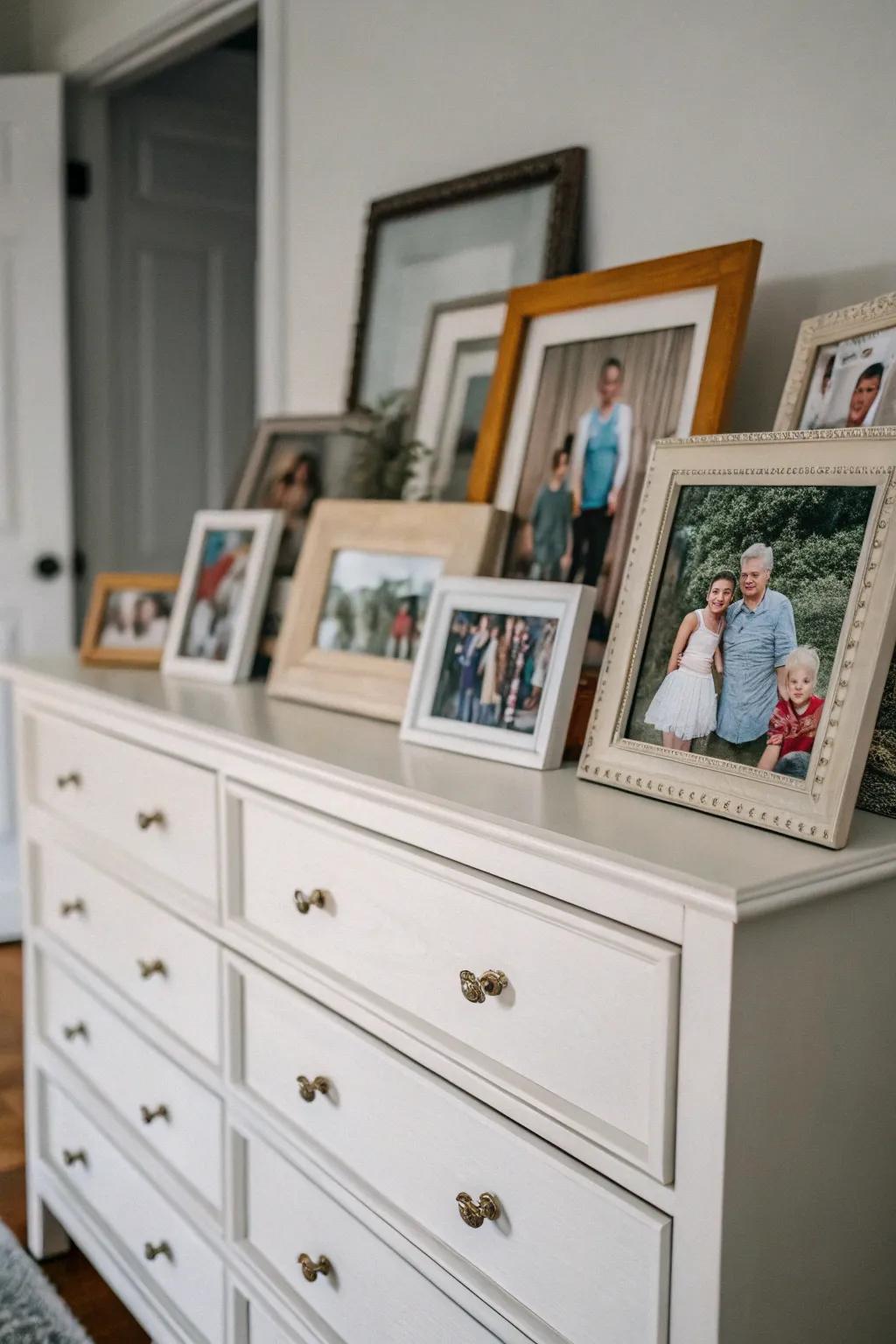 Framed photos create a personal gallery on your dresser.