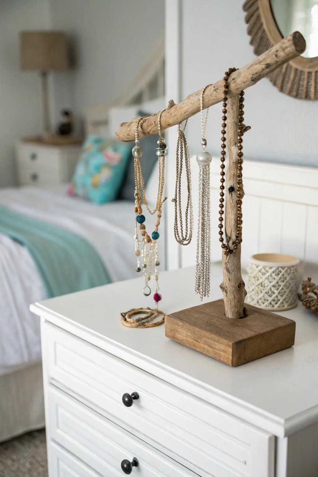 Organize your accessories with a driftwood jewelry stand.