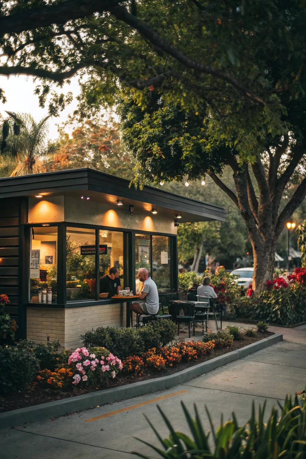 Drive-thru coffee shop with inviting greenery that enhances the space.