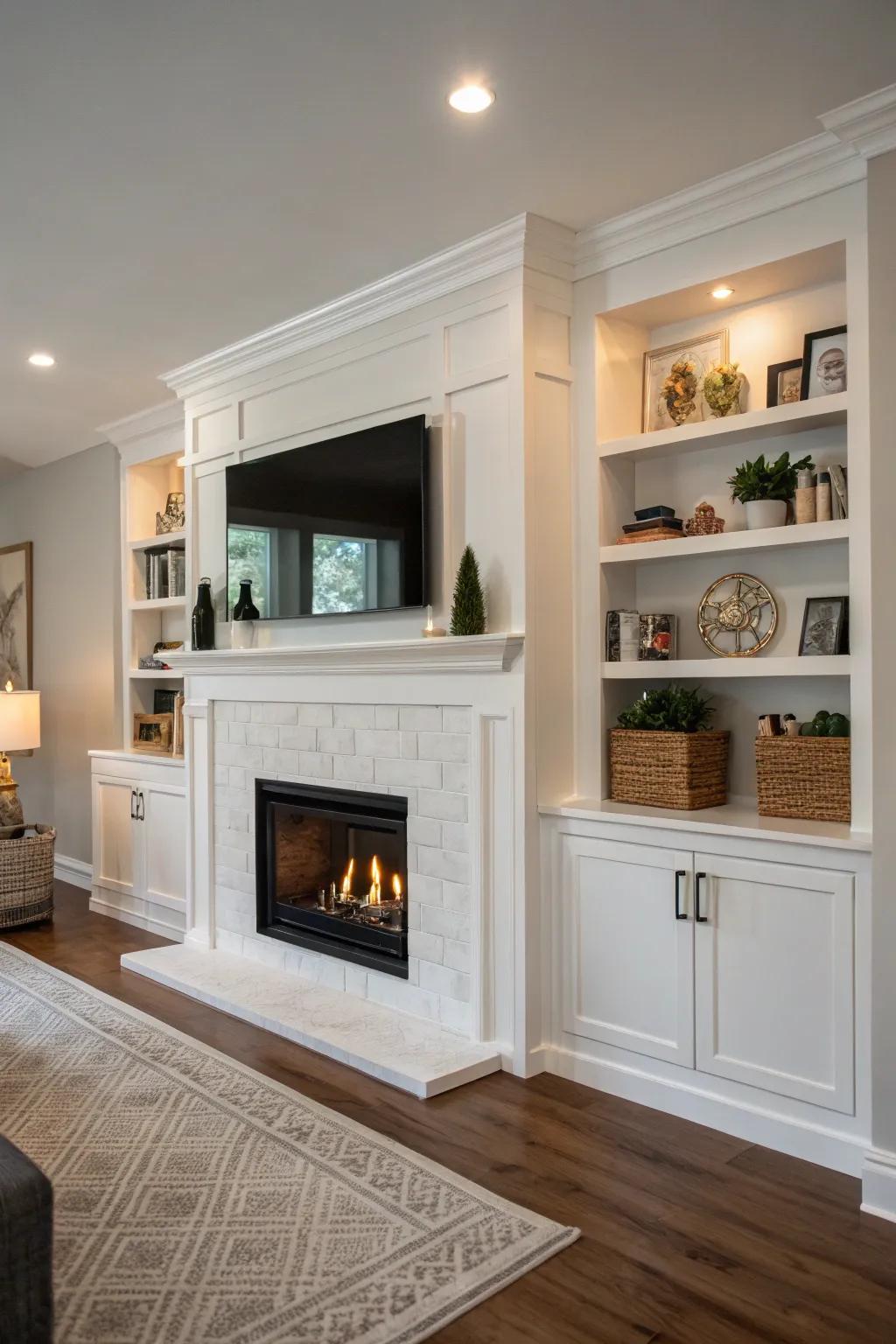 Hidden storage keeps the area around a drywall fireplace tidy.