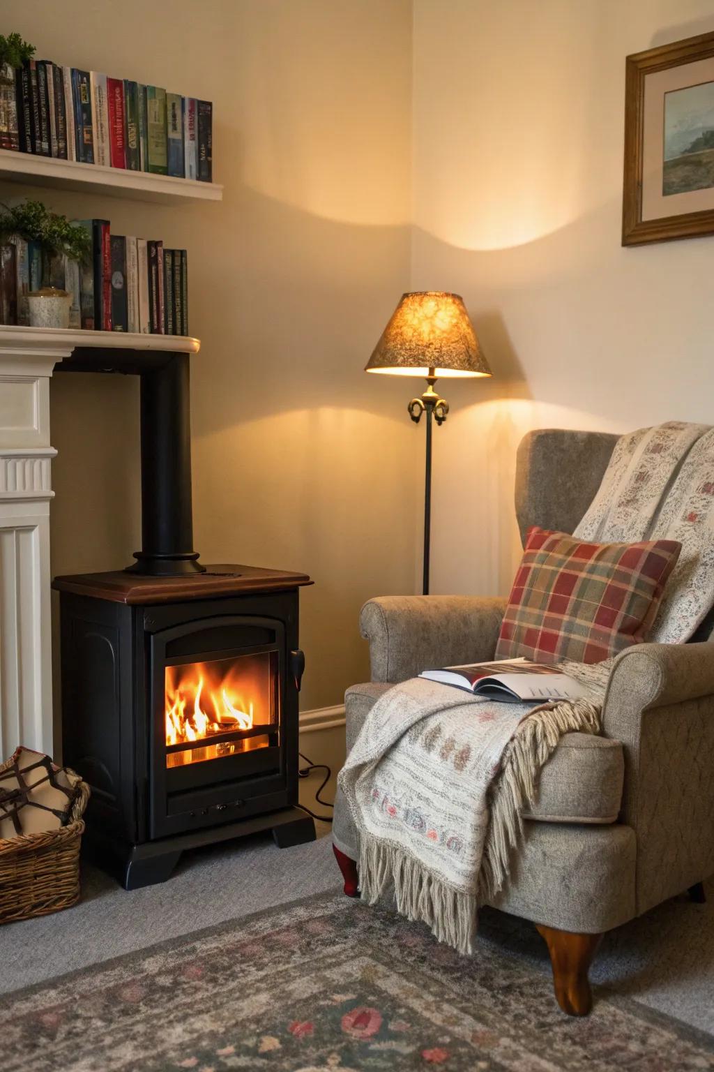 A freestanding electric fireplace creates a cozy relaxation corner.