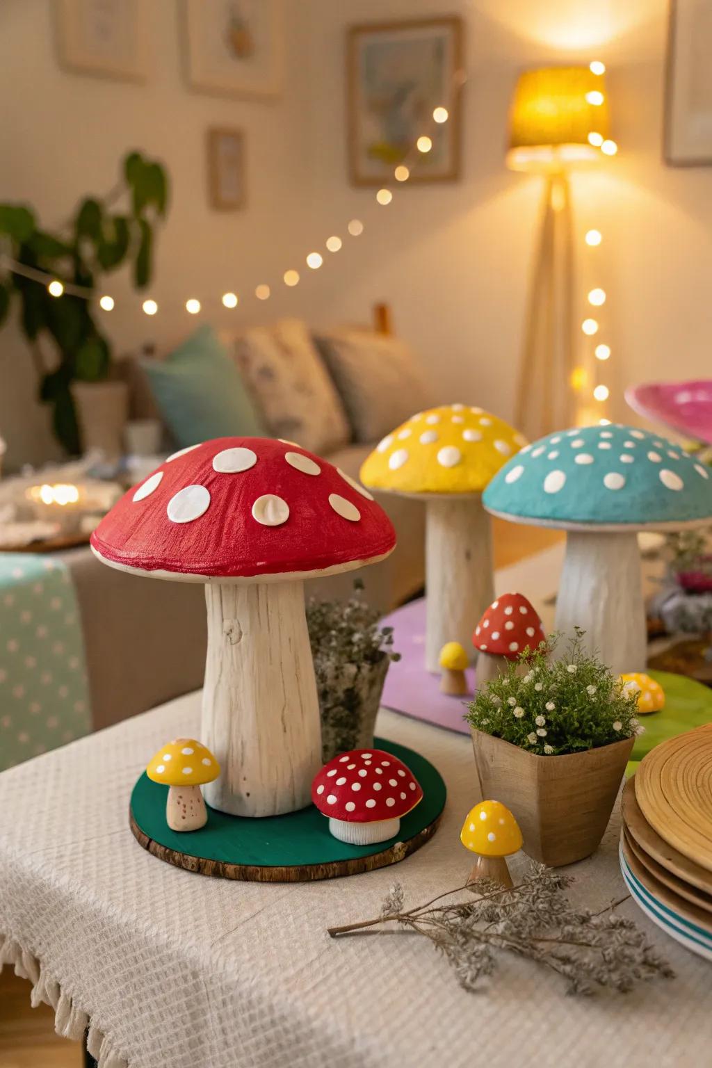 Whimsical mushroom decor adds a playful touch to the enchanted theme.