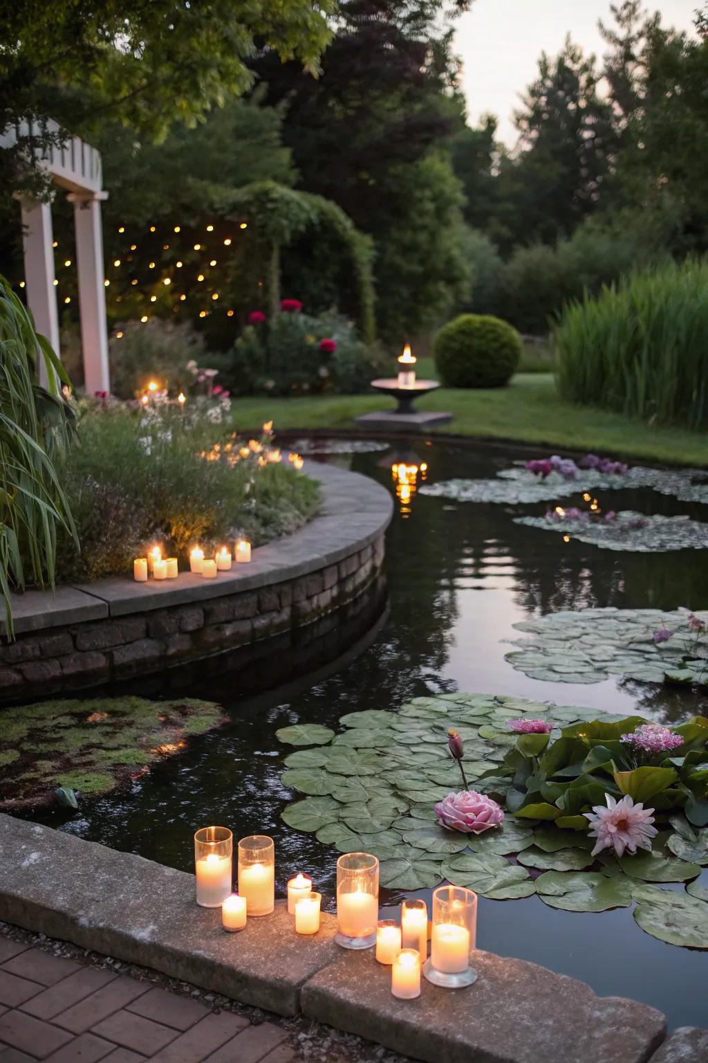 Floating candles add a serene, magical touch.