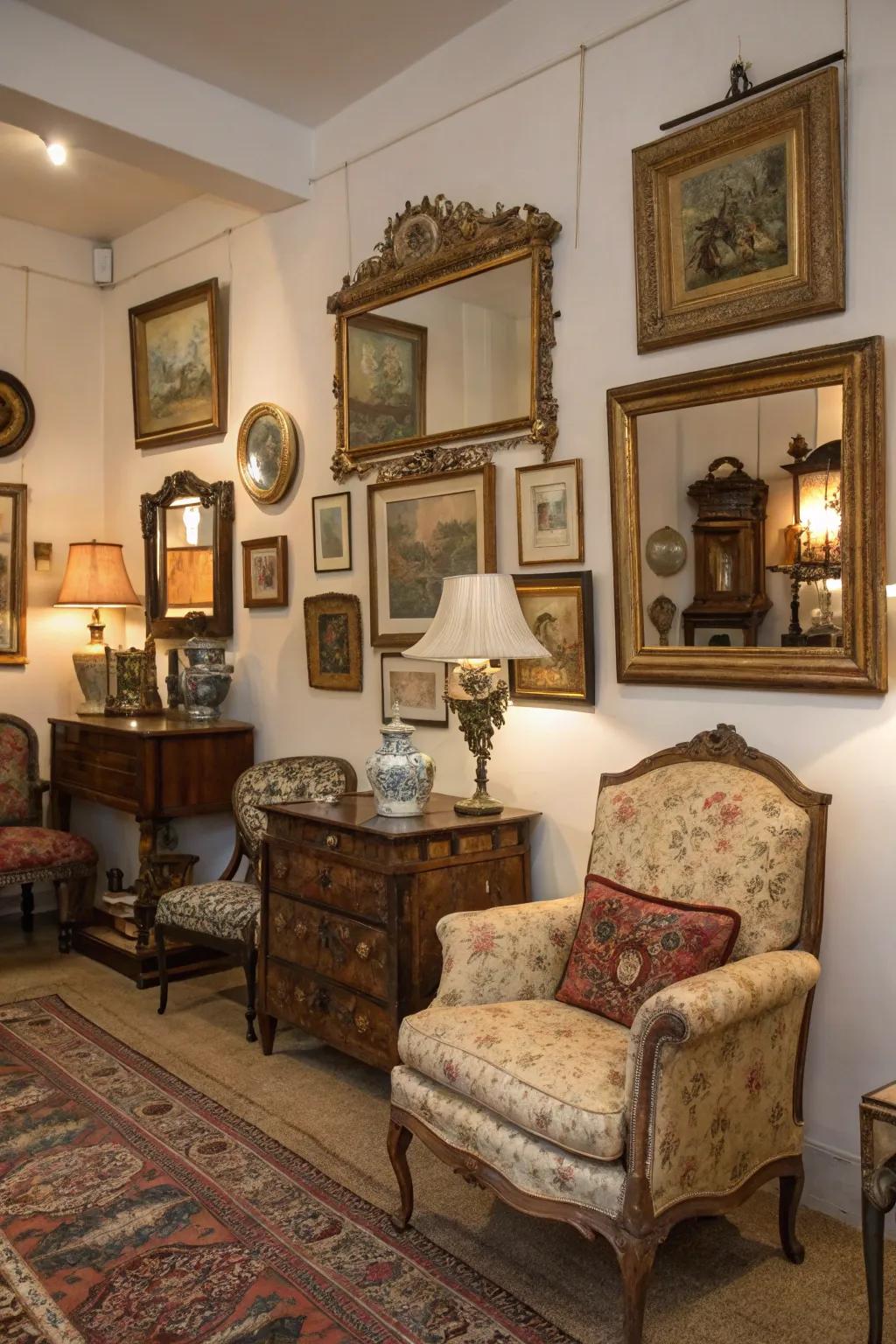 Vintage accessories add historical charm.