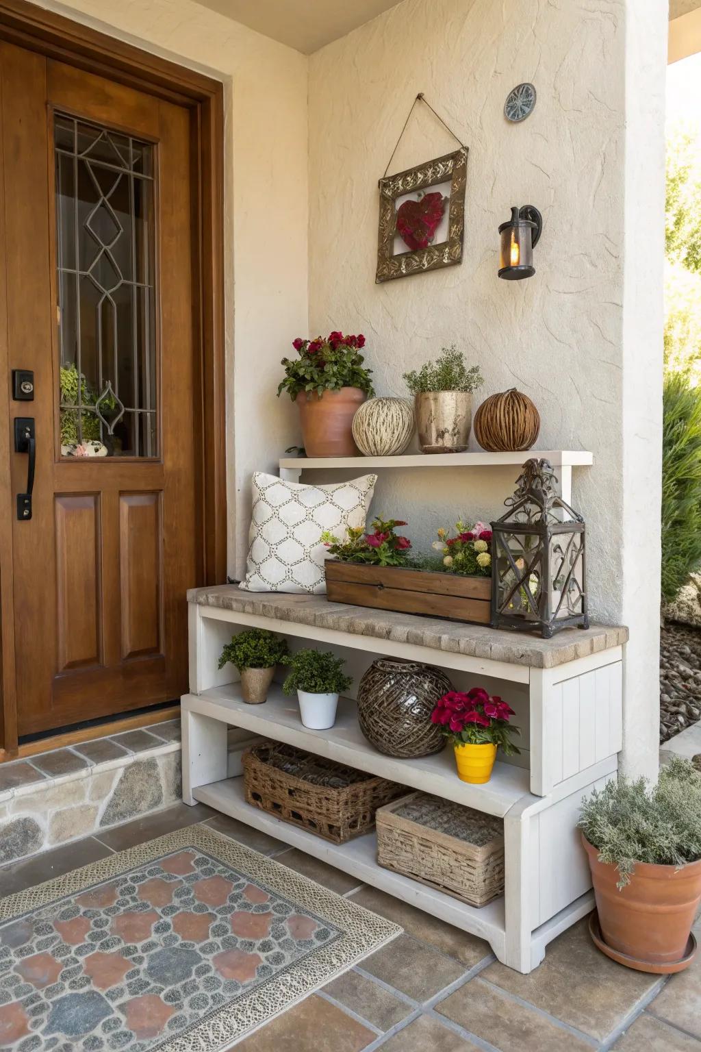 A multi-tiered bench provides additional space for decor and storage.