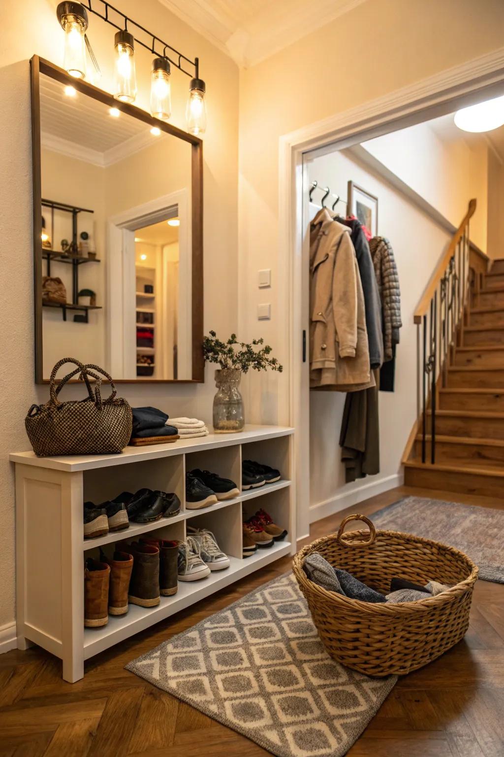 Shoe storage solutions keep the entryway neat.
