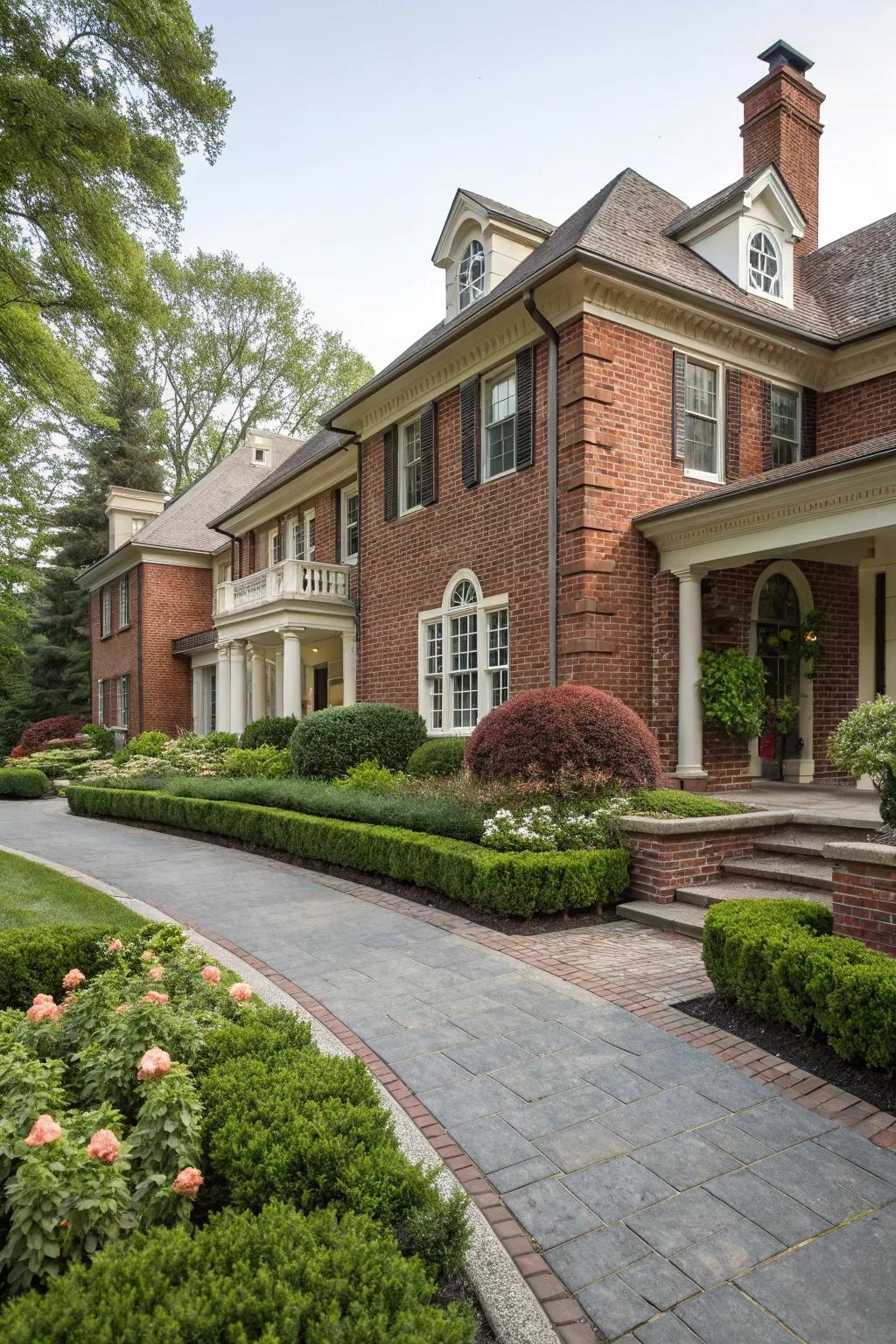 Ivory trim adds elegance to red brick.