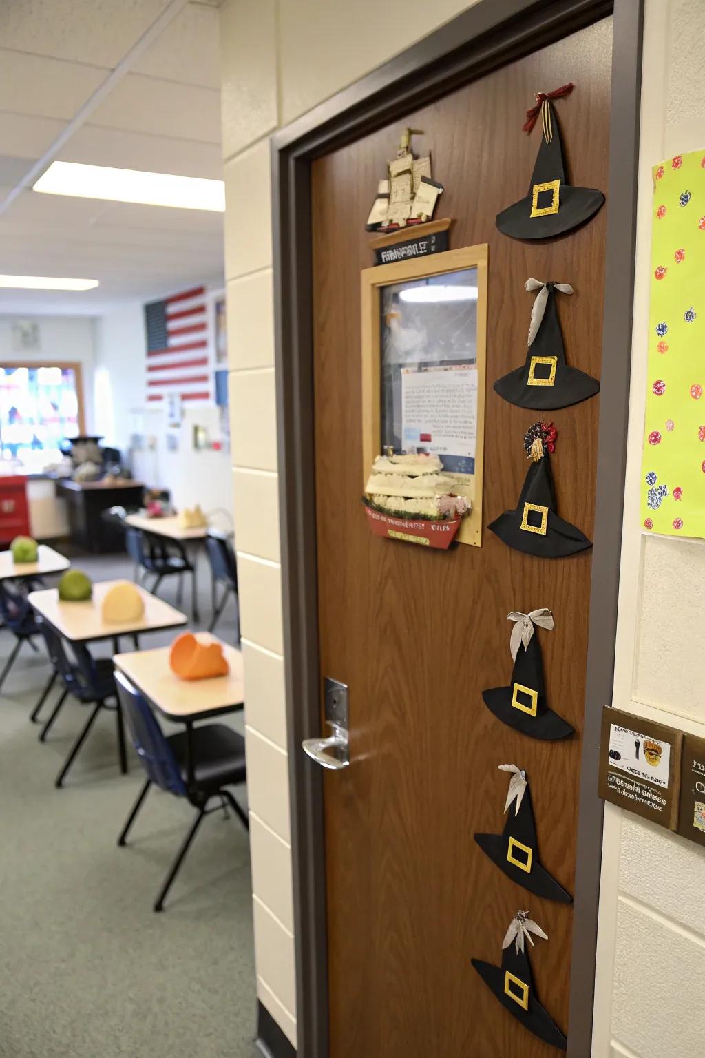 Pilgrim-themed door decor with historical elements.