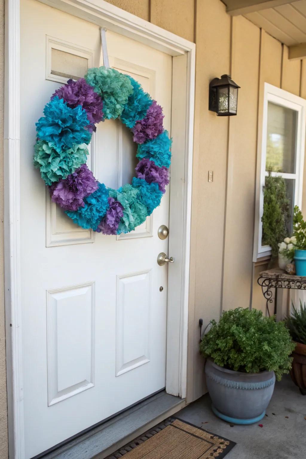 Dyed coffee filters create a colorful and textured wreath.