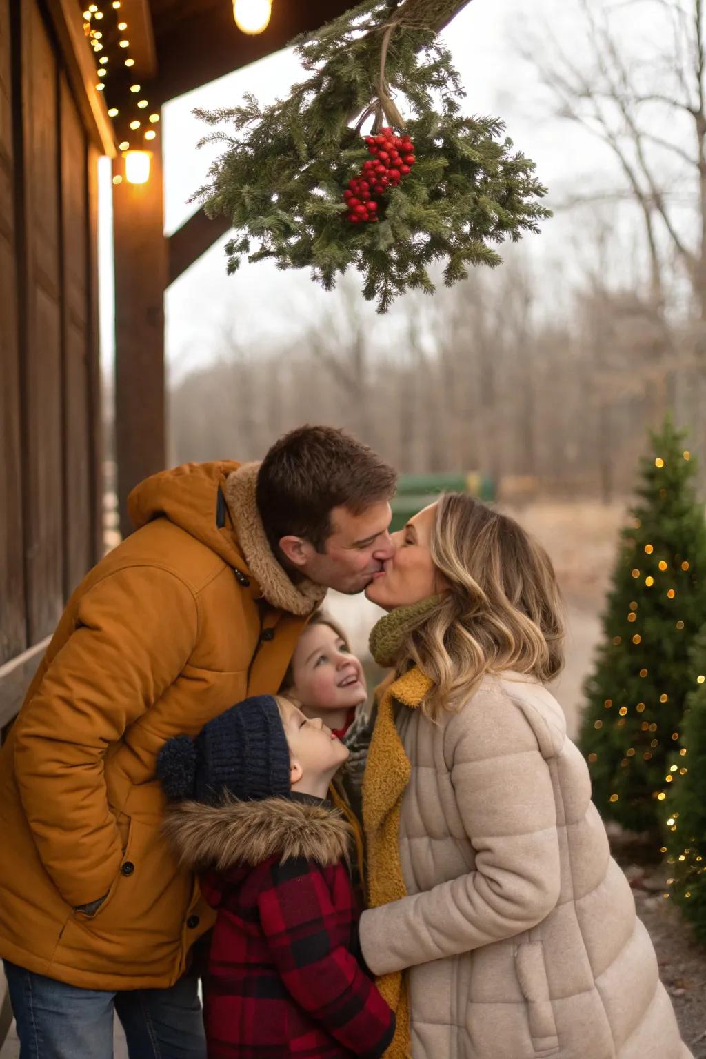 A mistletoe moment adds a touch of romance to your family photo.