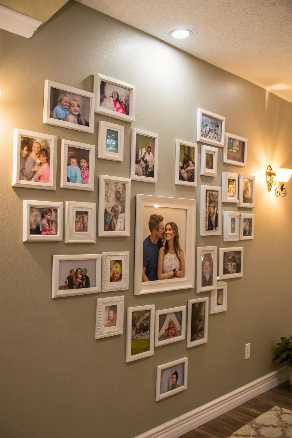 A playful heart-shaped arrangement of family photos on the wall.