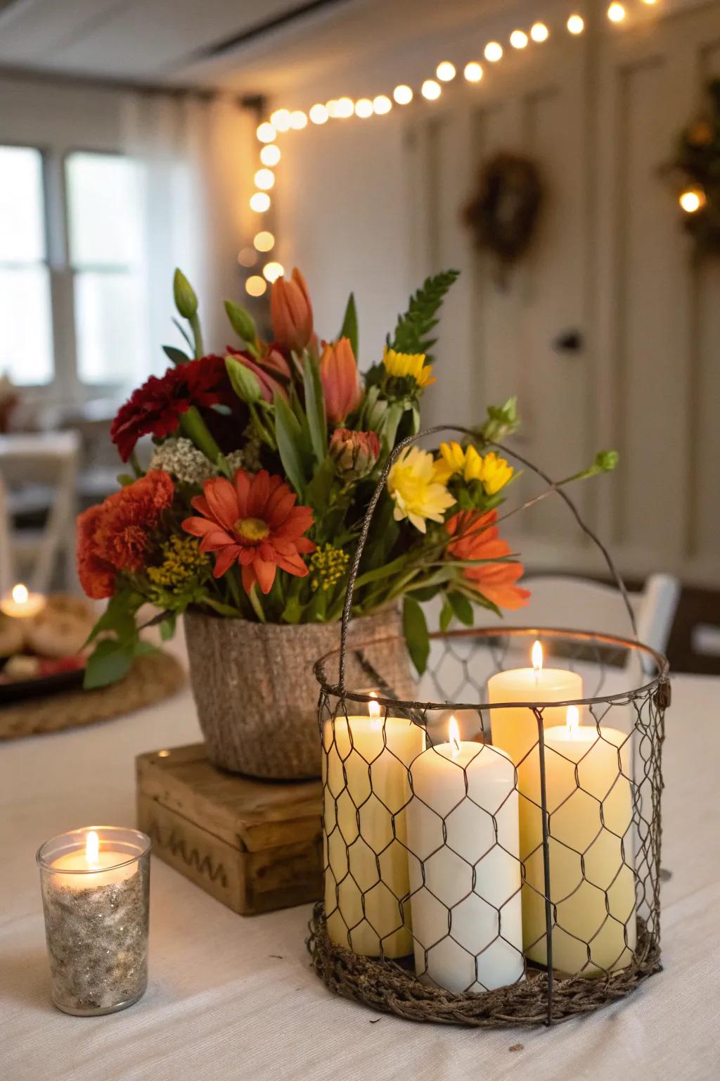 Chicken wire adds rustic texture to hold flowers and candles.