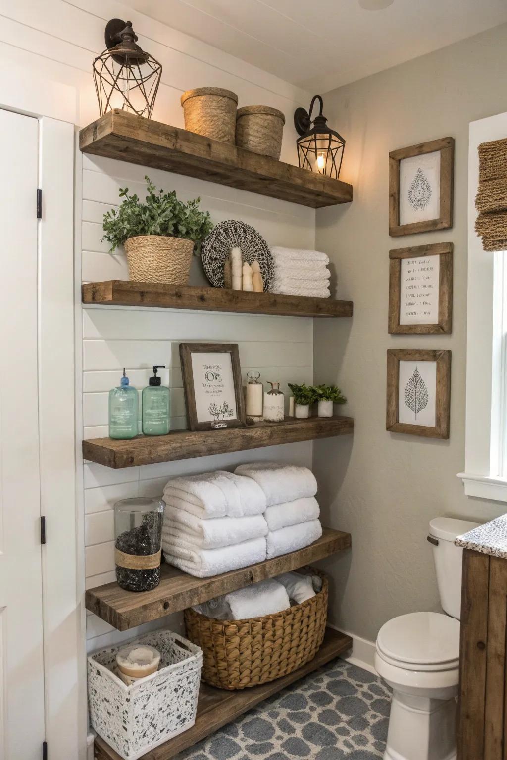 Open shelving combines functionality with rustic charm in a farmhouse bathroom.