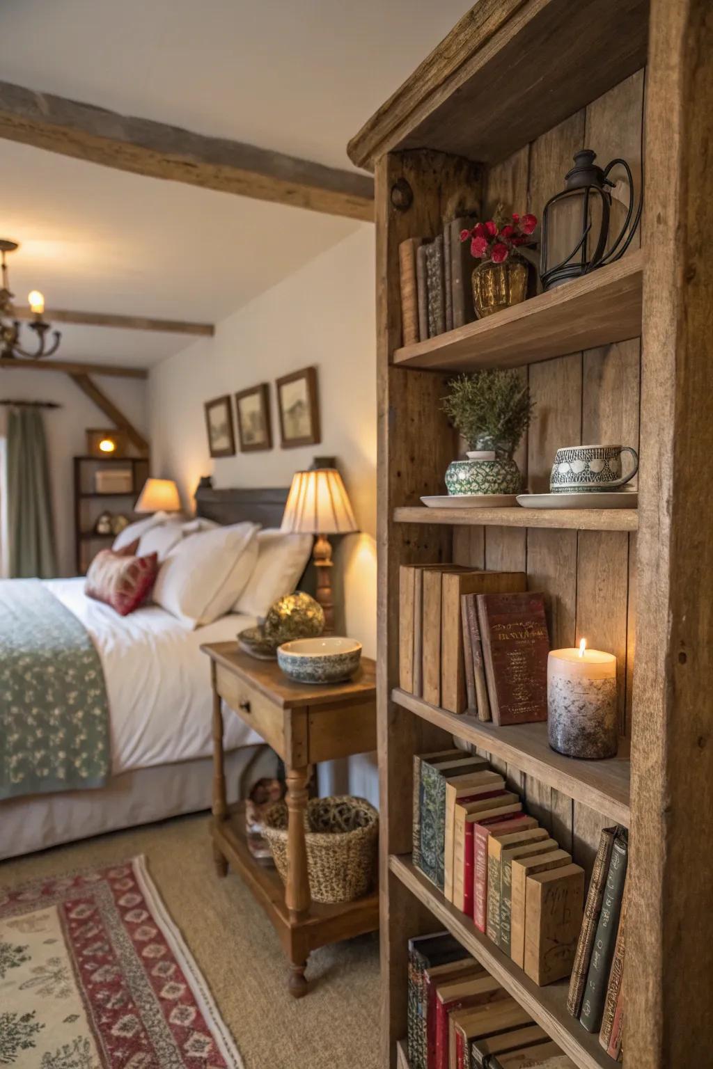 Rustic shelves display personal treasures.