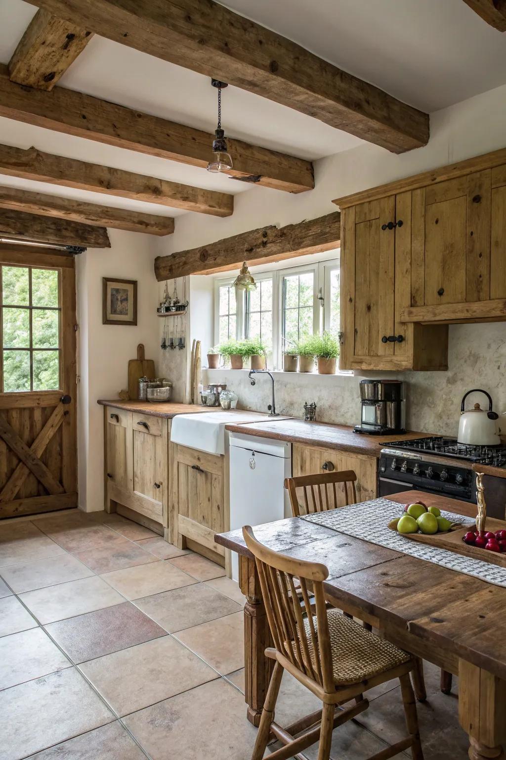 A farmhouse kitchen featuring reclaimed wood accents.