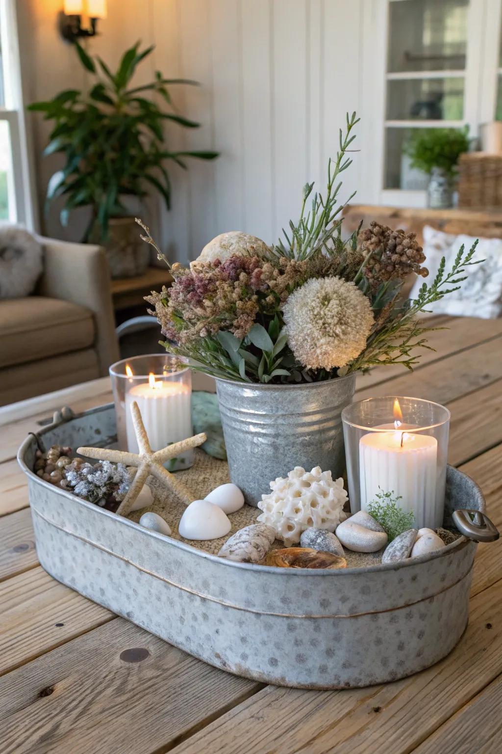 A galvanized metal tray adds a chic touch to your farmhouse decor.