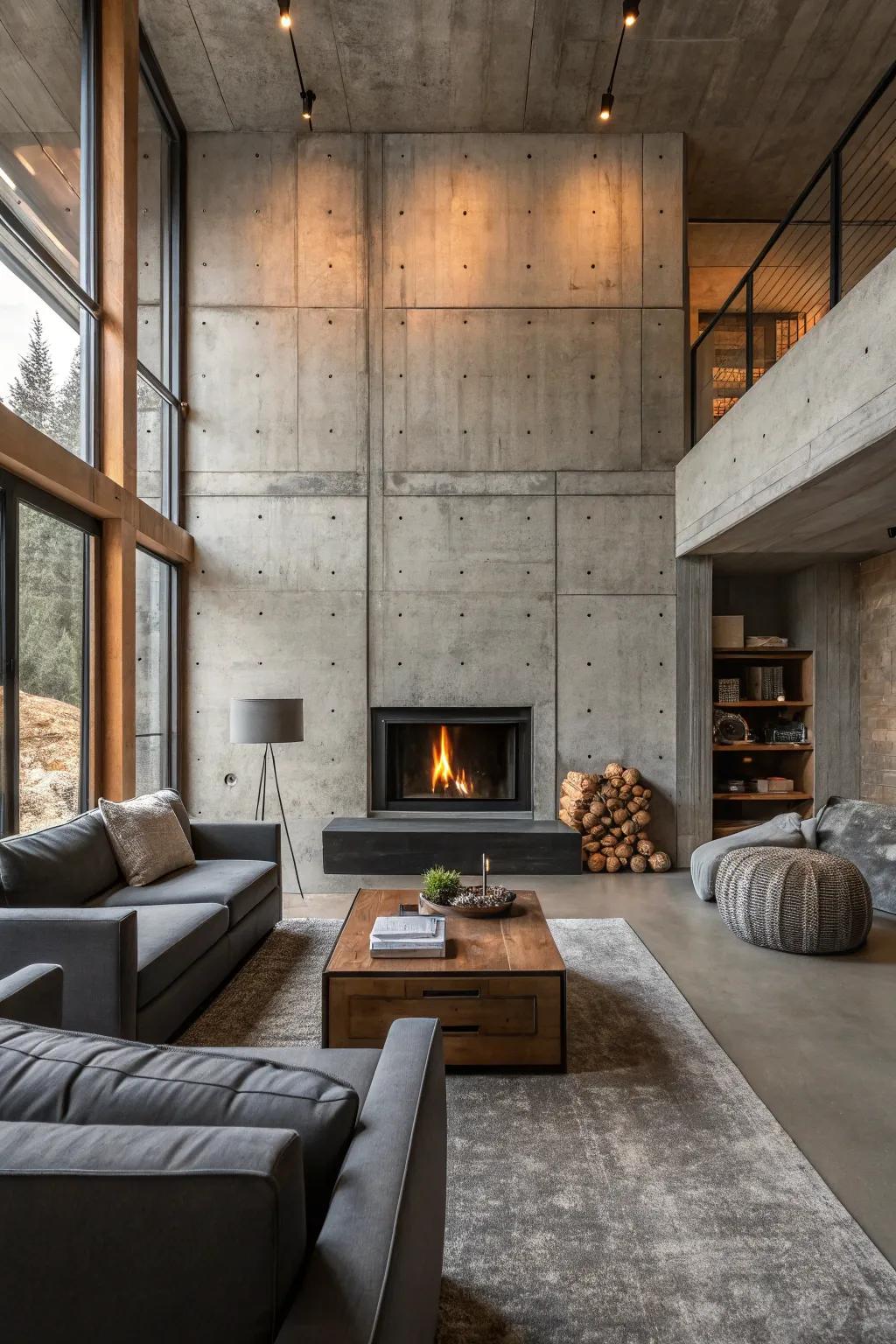 An industrial chic living room featuring a fireplace with a concrete surround.