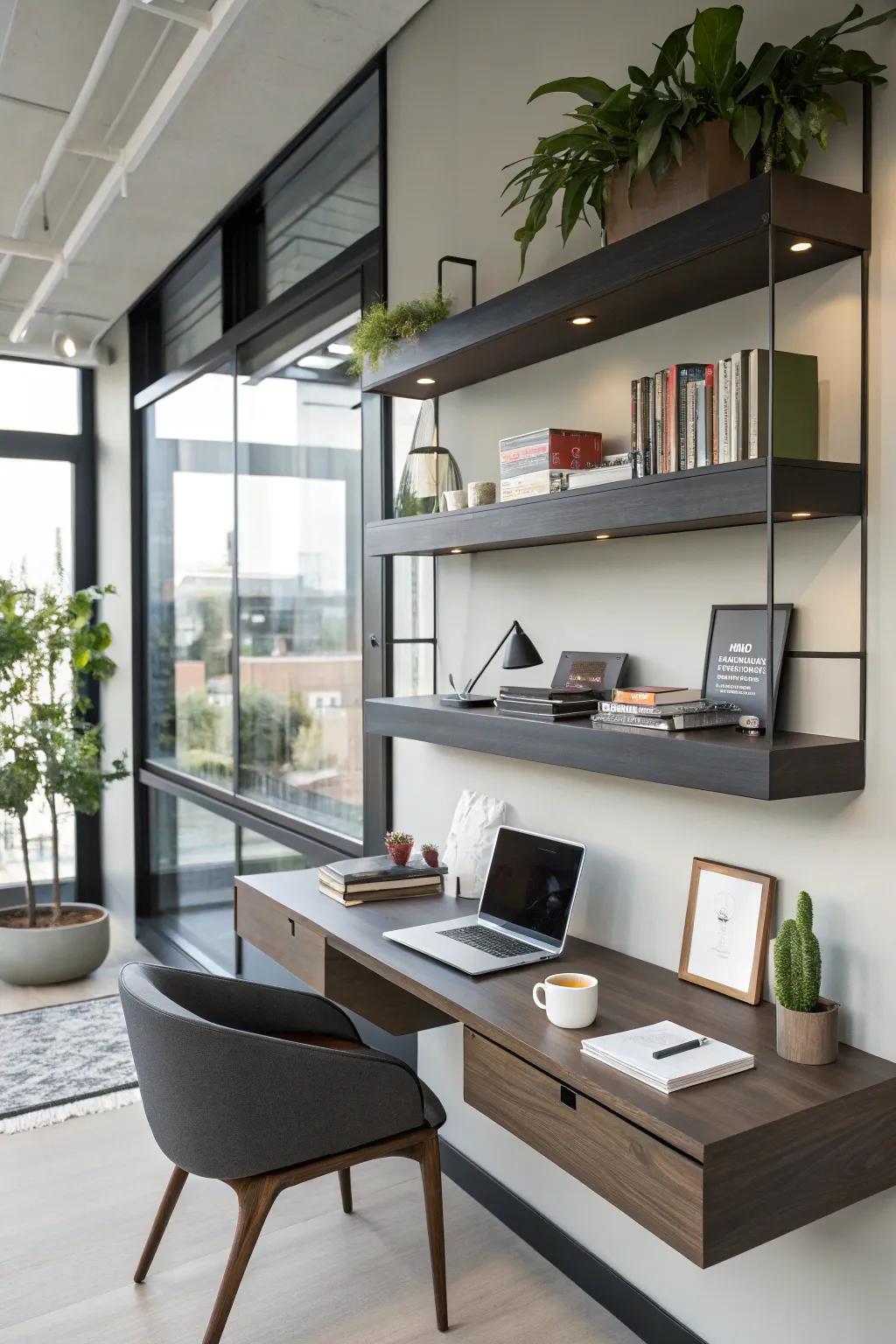 Hidden compartments in floating shelves keep your workspace clutter-free.