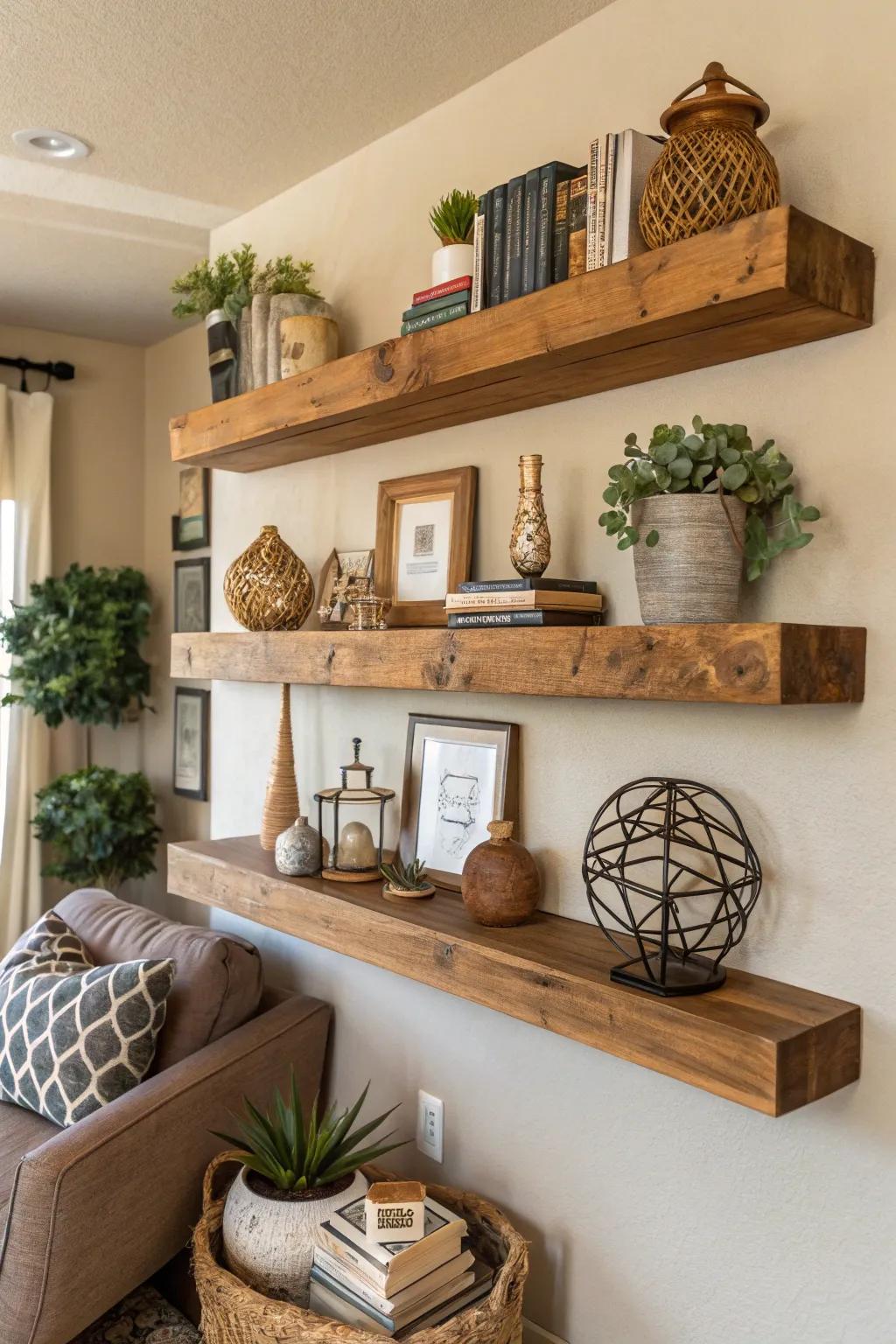 Natural materials adding warmth to floating shelves