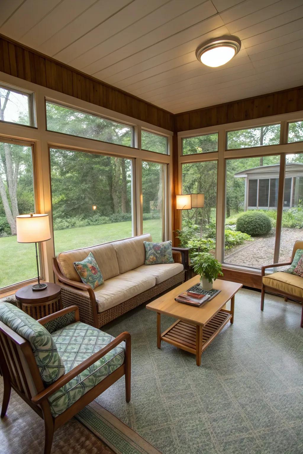 Linoleum flooring brings retro charm and practicality to this room.