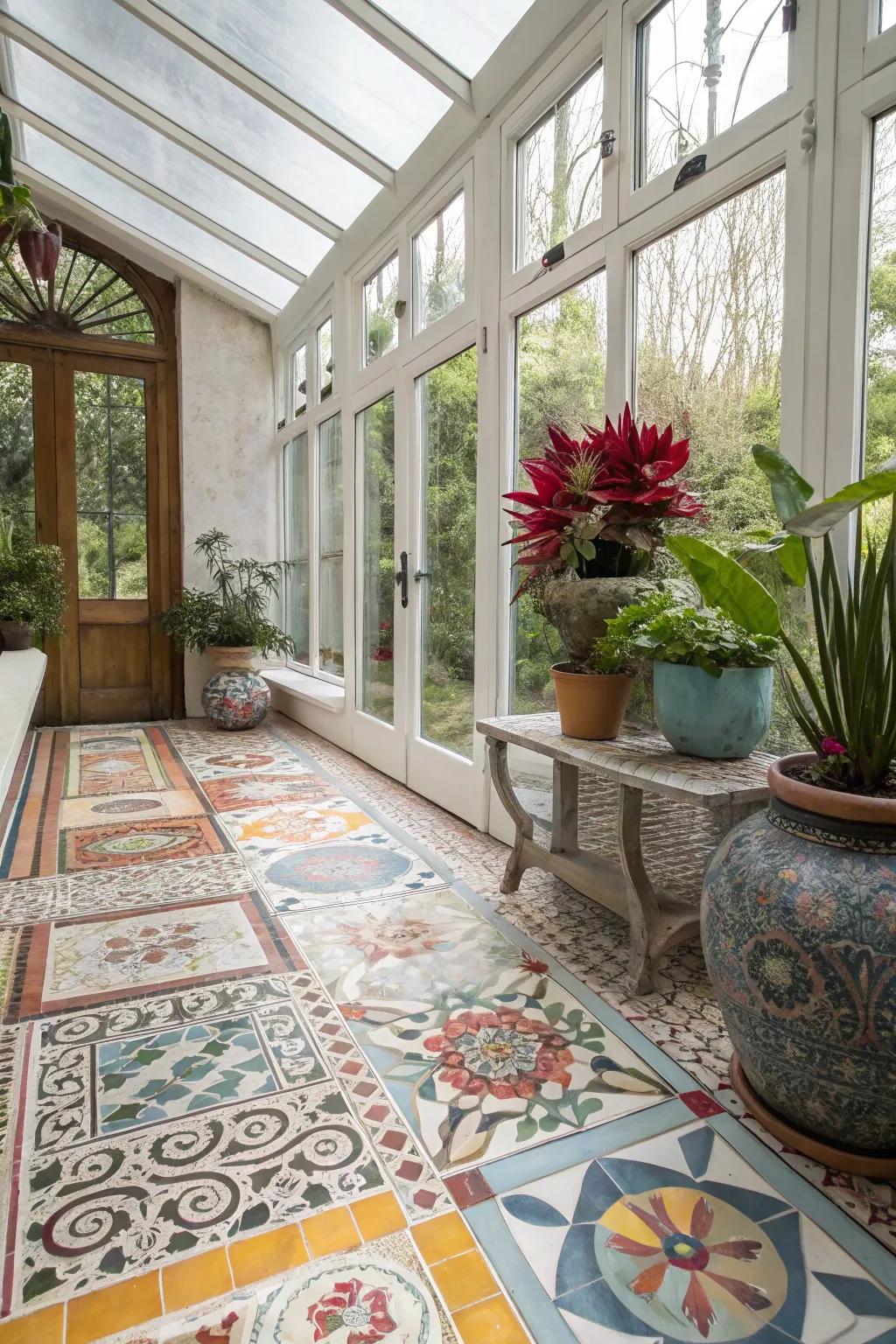 Artistic sunroom with patterned tile flooring.