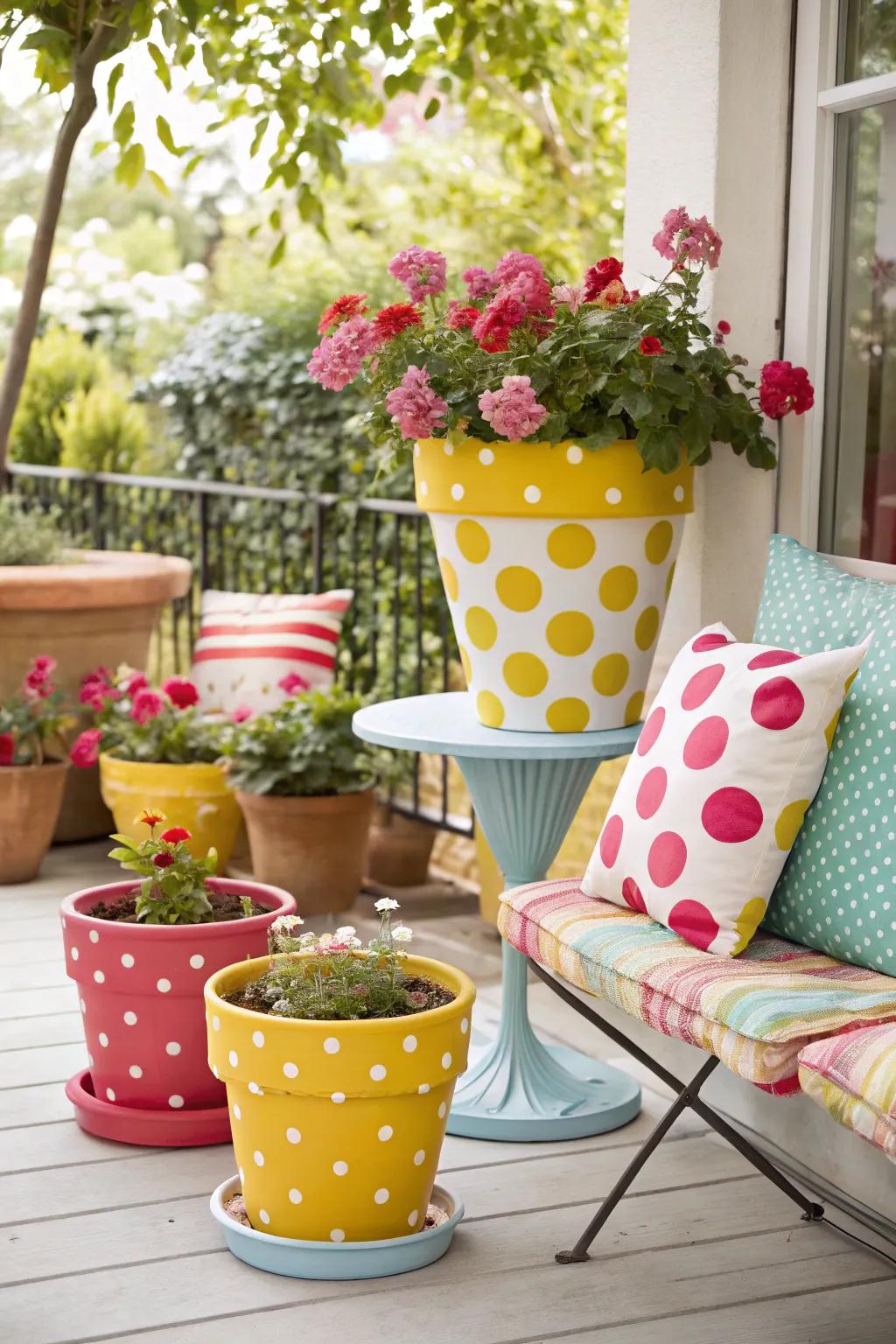 Bring playful charm to your space with polka dot flower pots.