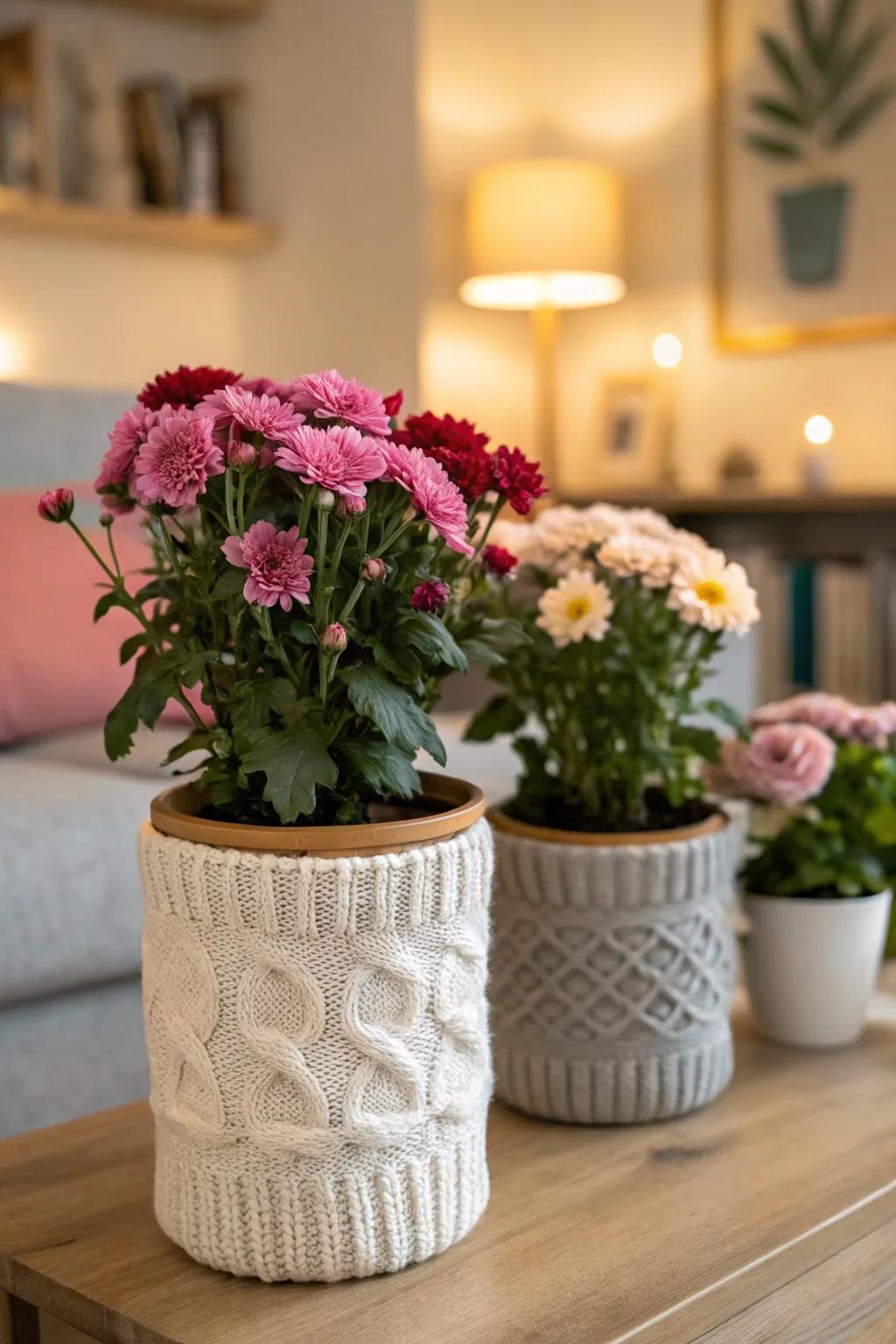 Sweater-wrapped flower pots adding warmth and texture.