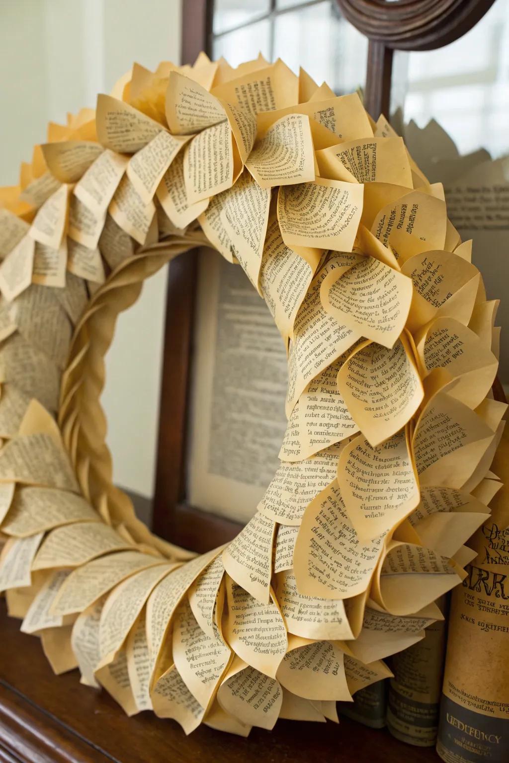 A vintage book page wreath offering a unique literary charm.