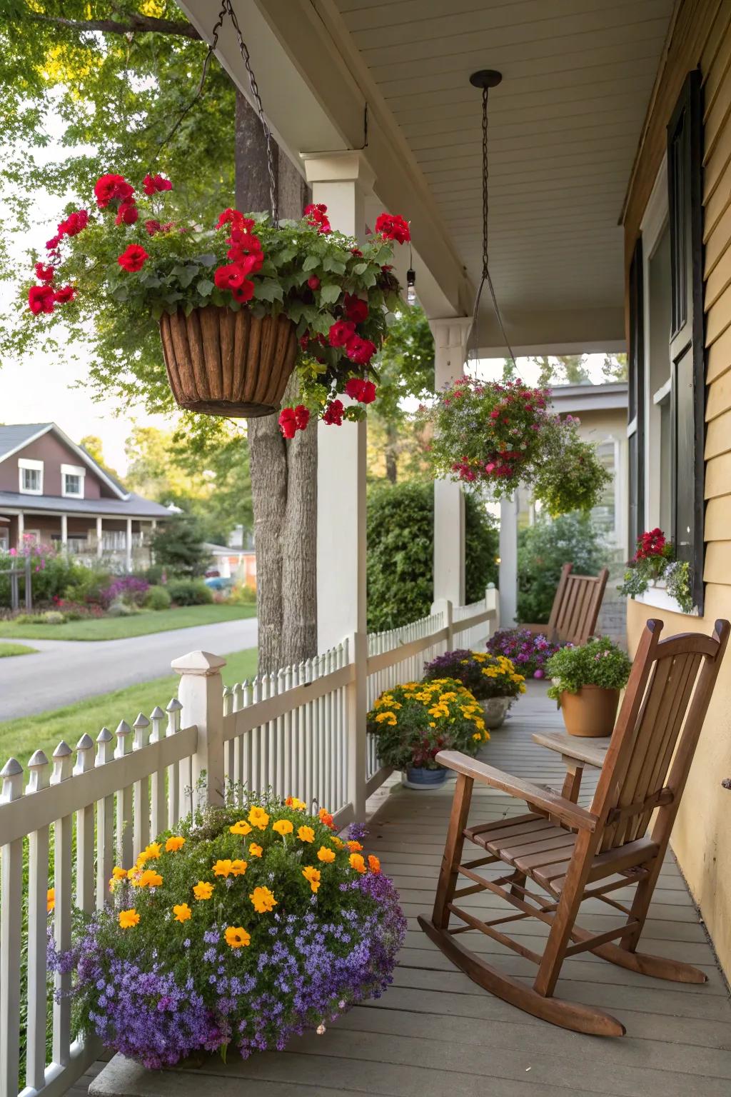 Hanging baskets provide a splash of color and elevate garden aesthetics.