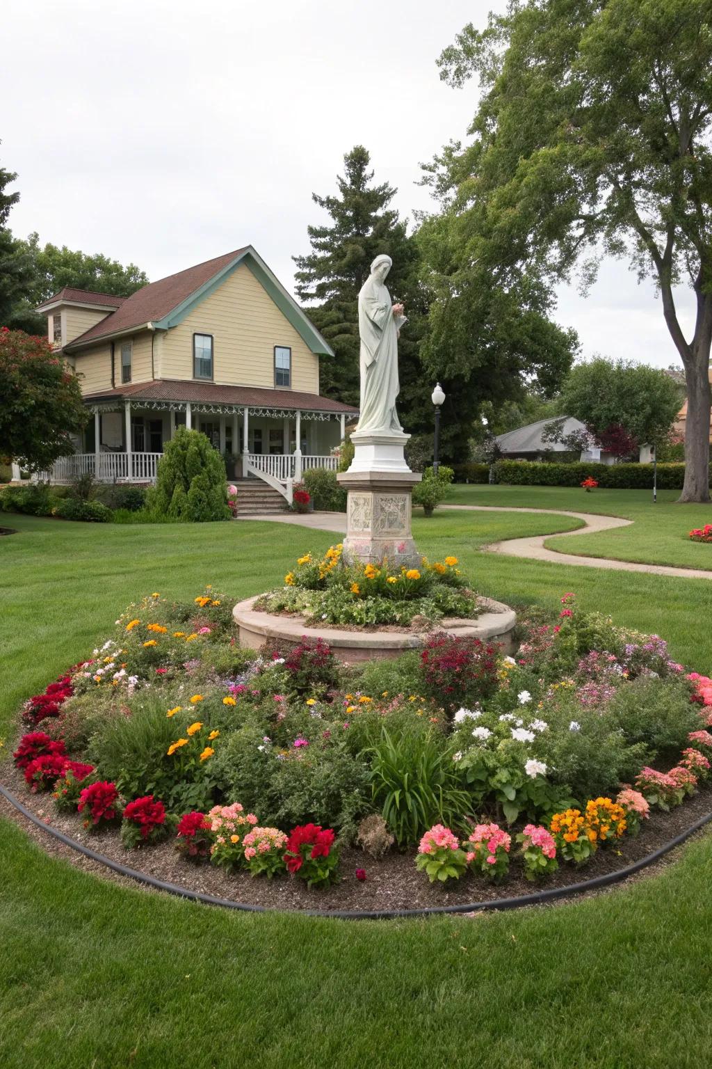 Circular beds with centerpieces can be a striking garden feature.