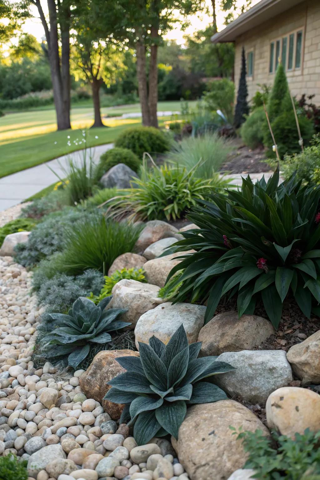 Dark green plants contrasting with rocks in a visually striking garden design.