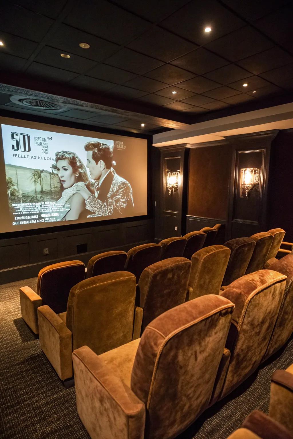 Vintage theater seats add a nostalgic cinema touch to your game room.