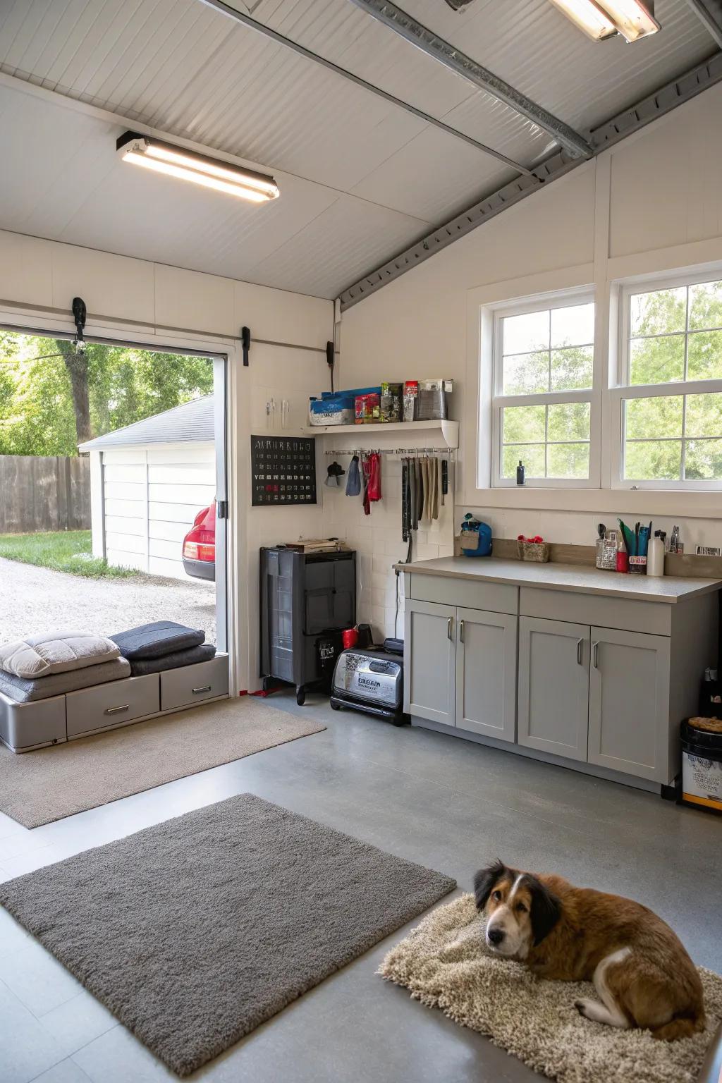 A garage space dedicated to pet care and comfort.