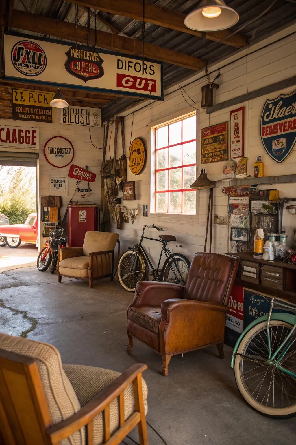 Vintage decor brings character and charm to the garage.