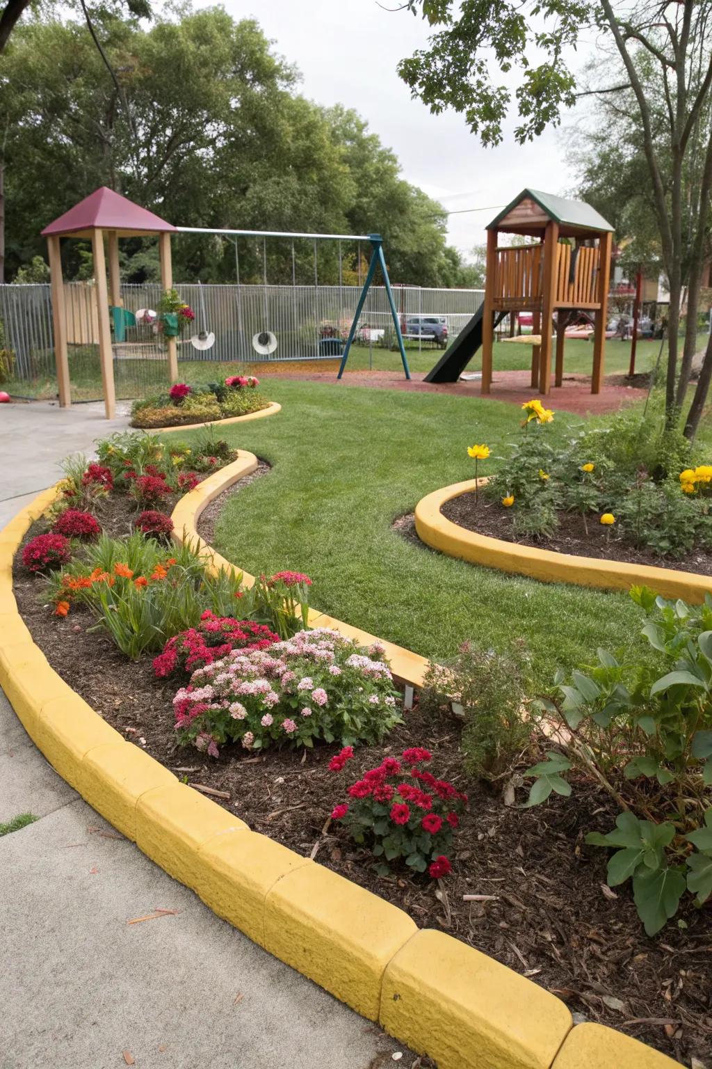 Recycled rubber edging is durable and family-friendly.