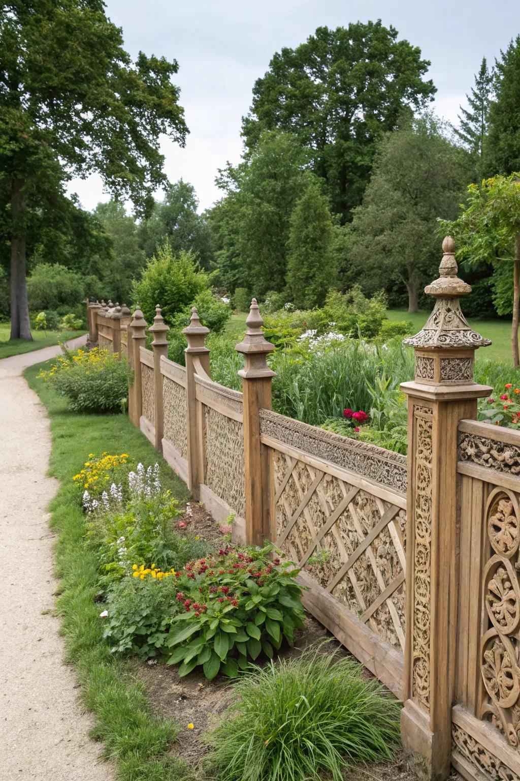 Custom carvings add artistic flair to garden fences.