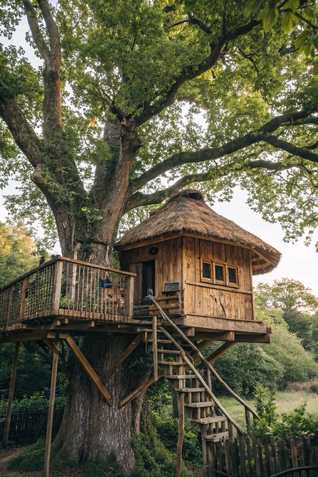 A charming treehouse nestled in a backyard tree.