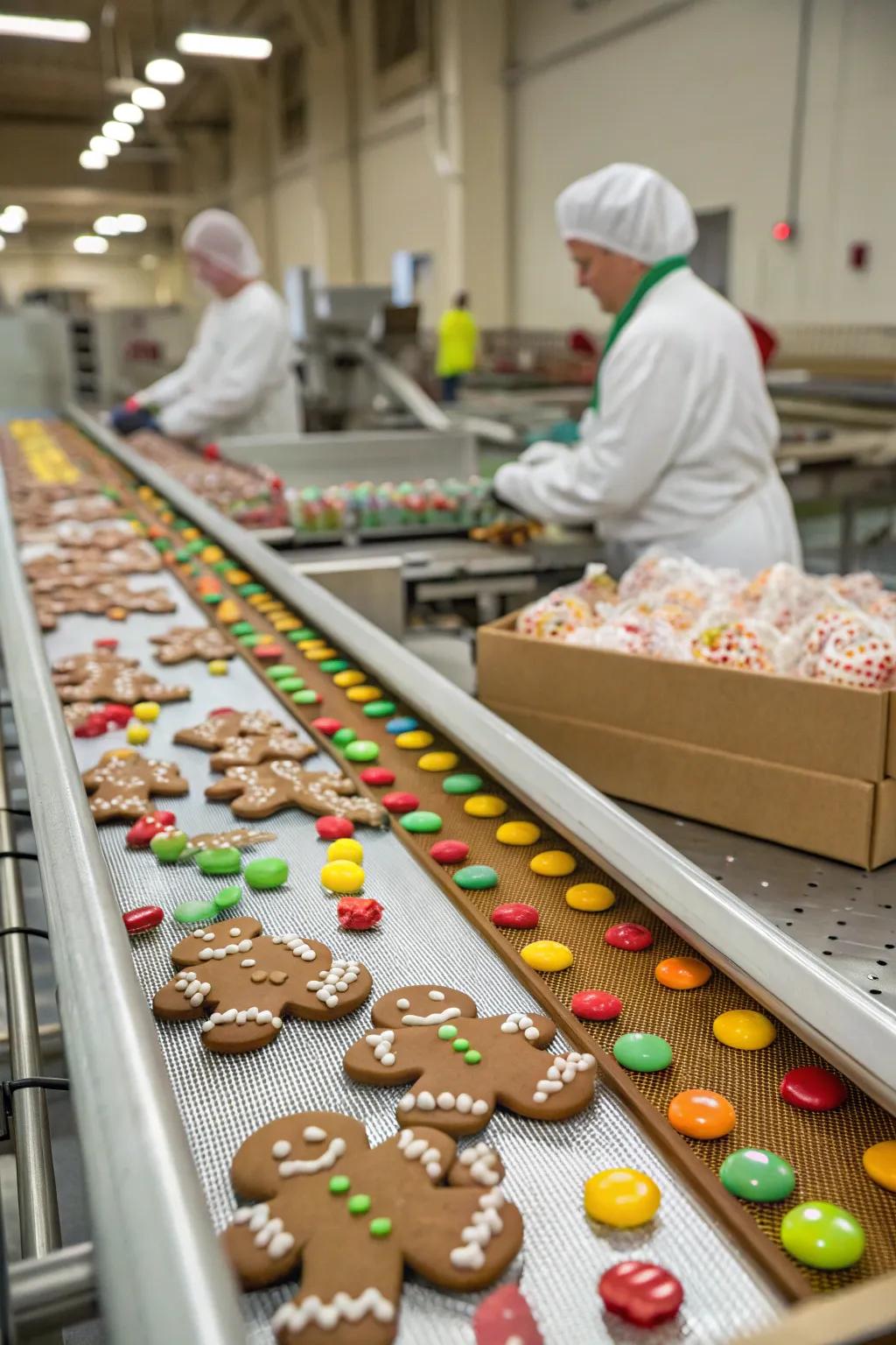 A bustling toy factory made of gingerbread, full of holiday cheer.