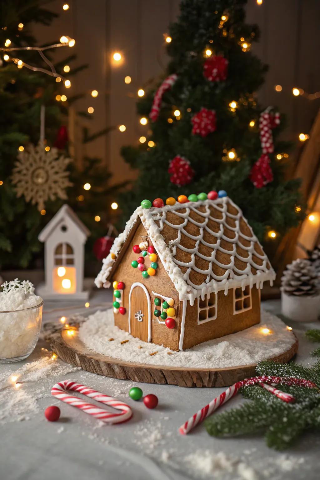 A gingerbread roof with woven licorice lace.