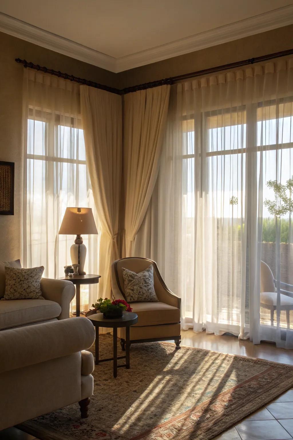 A bright living room filled with natural light through sheer curtains.