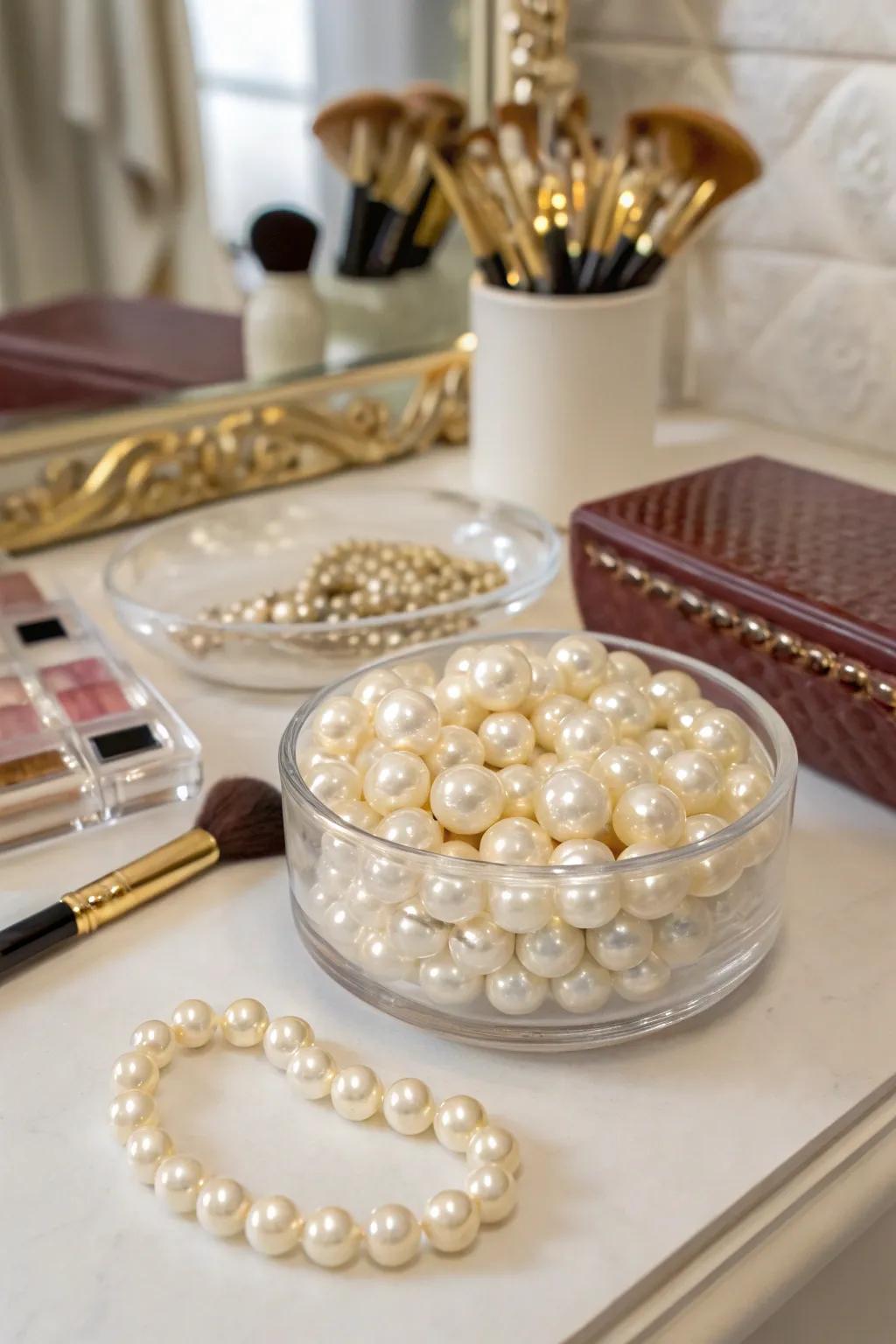 Luxurious elegance with pearls in a glass bowl.