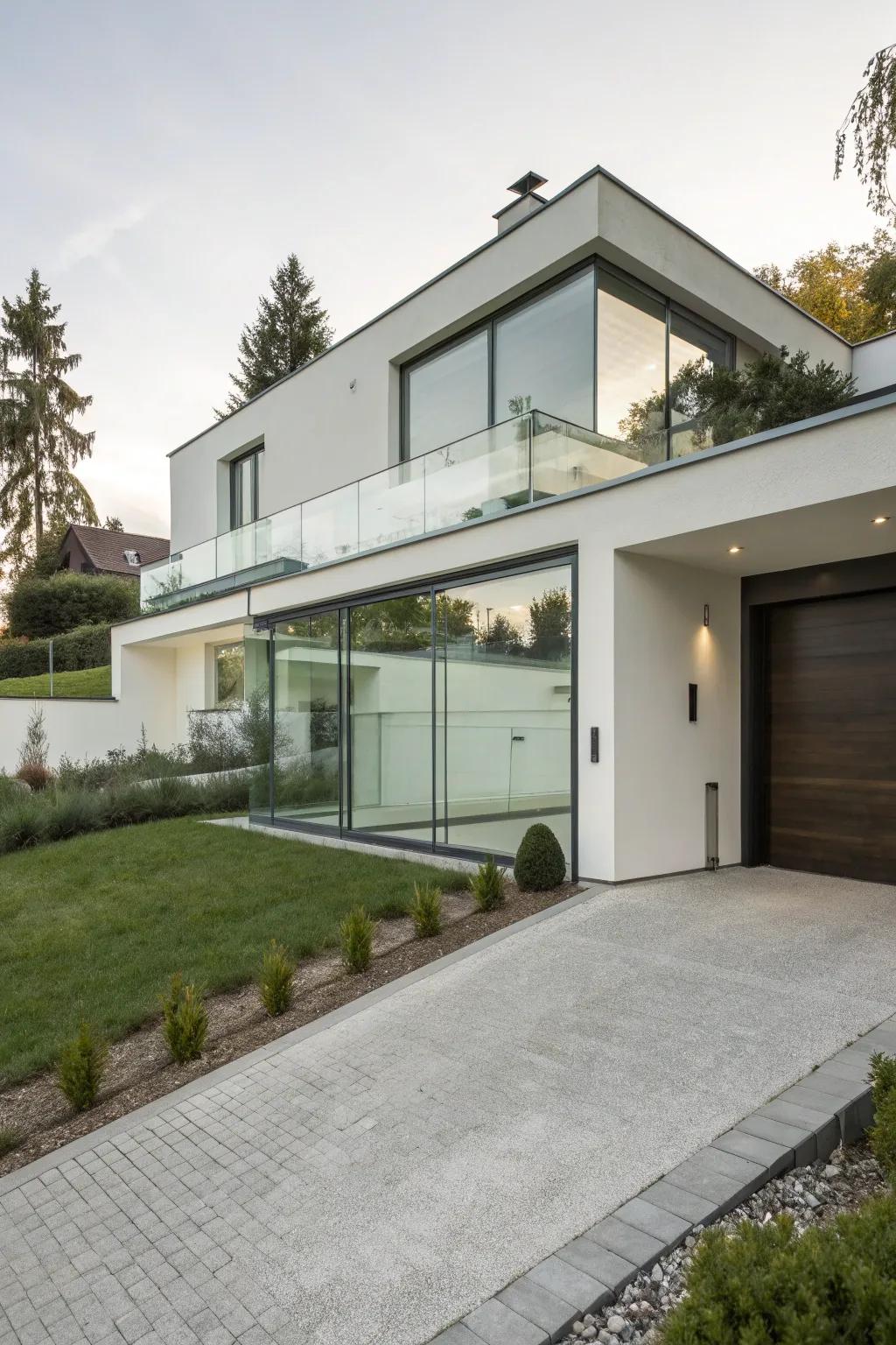 A minimalist home featuring a frameless glass garage door.