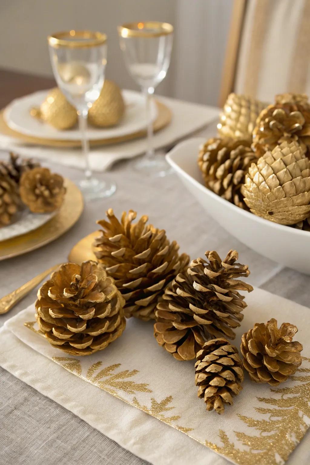 Gold-painted pinecones add a unique and natural touch to the decor.