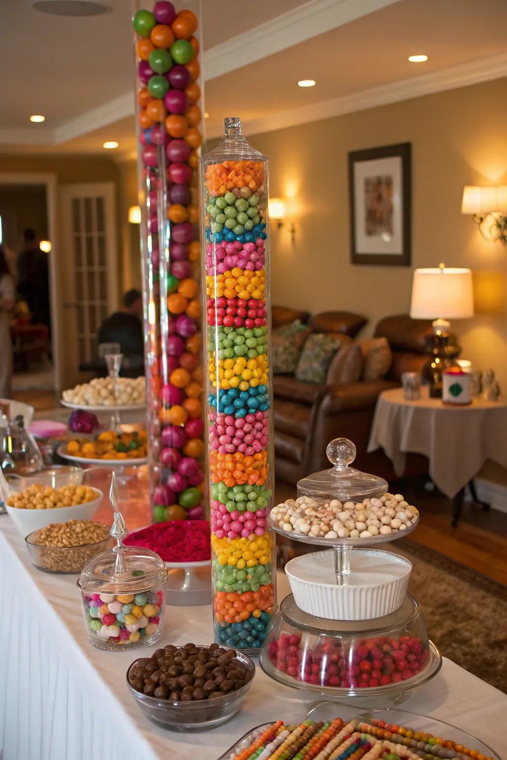 Candy towers create a striking centerpiece for your graduation table.