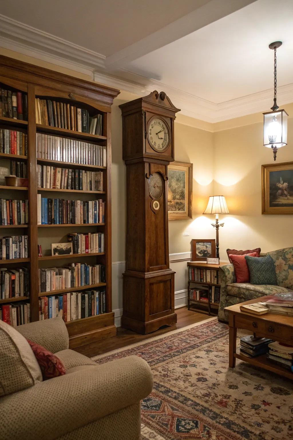 A grandfather clock completes the vintage library vibe in a living room.