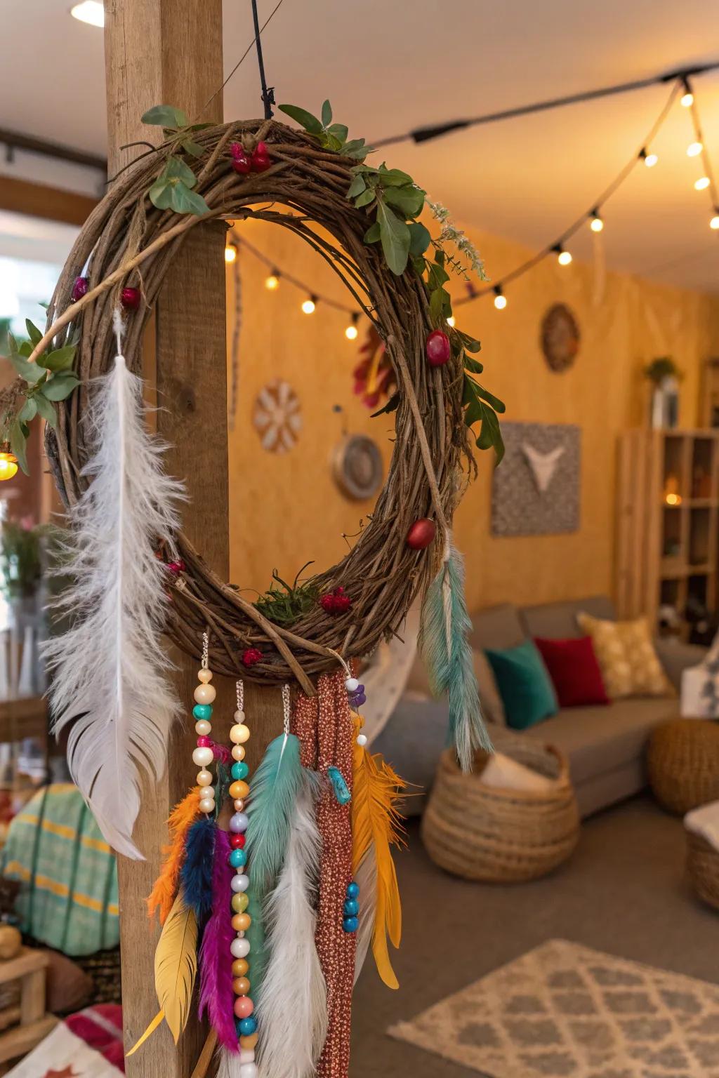 A bohemian-themed grapevine wreath with tassels and feathers.