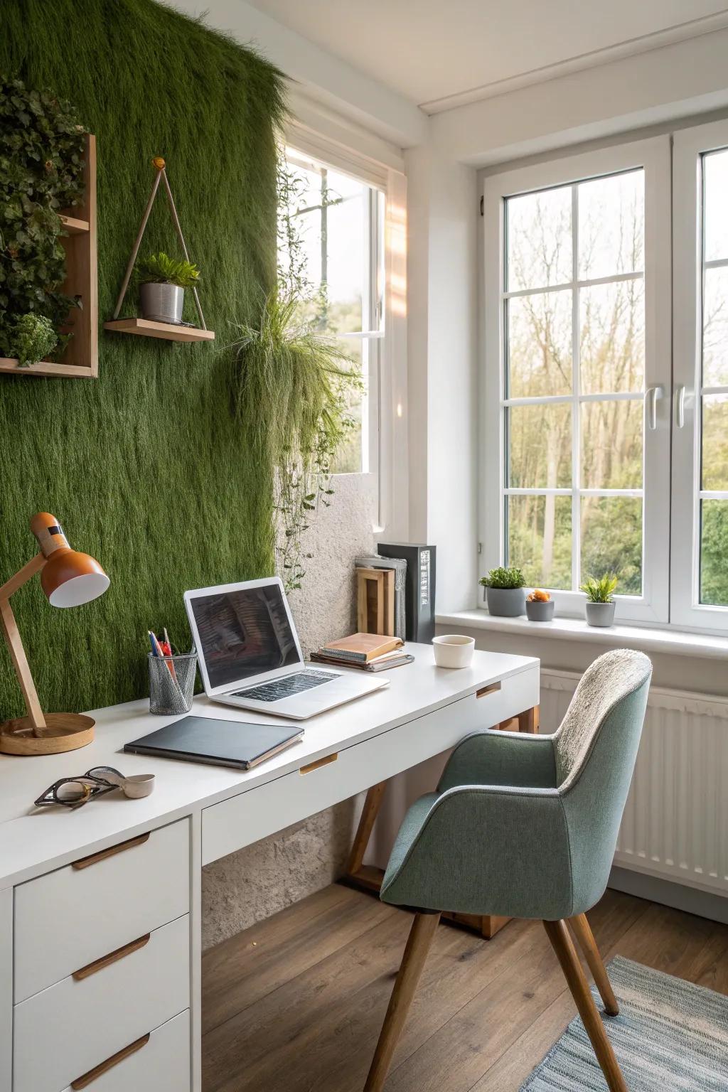 A grass wall in the home office offers a refreshing and tranquil work environment.