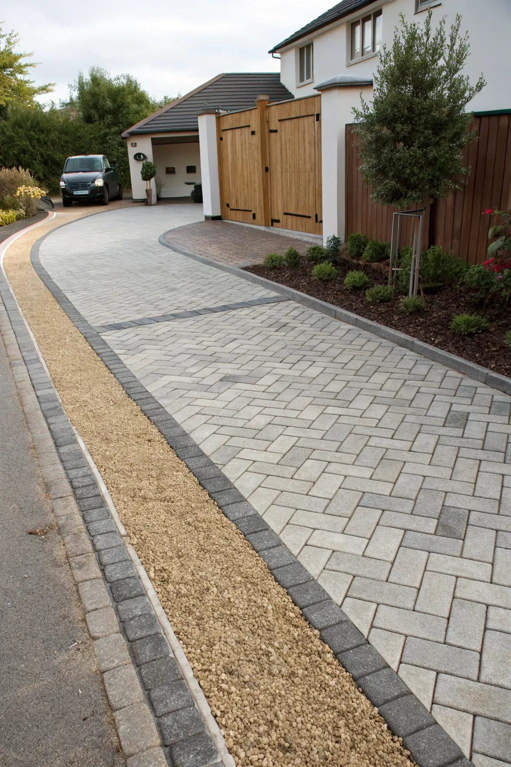 Modern pavers meet traditional gravel in a harmonious blend.